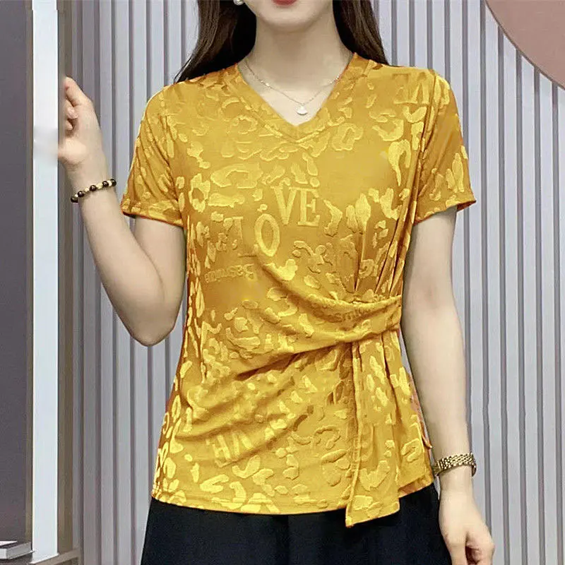 

Stylish Folds Patchwork T-shirt Female clothing short Sleeve 2023 Summer Commute V-Neck Casual Letter Jacquard weave pullovers