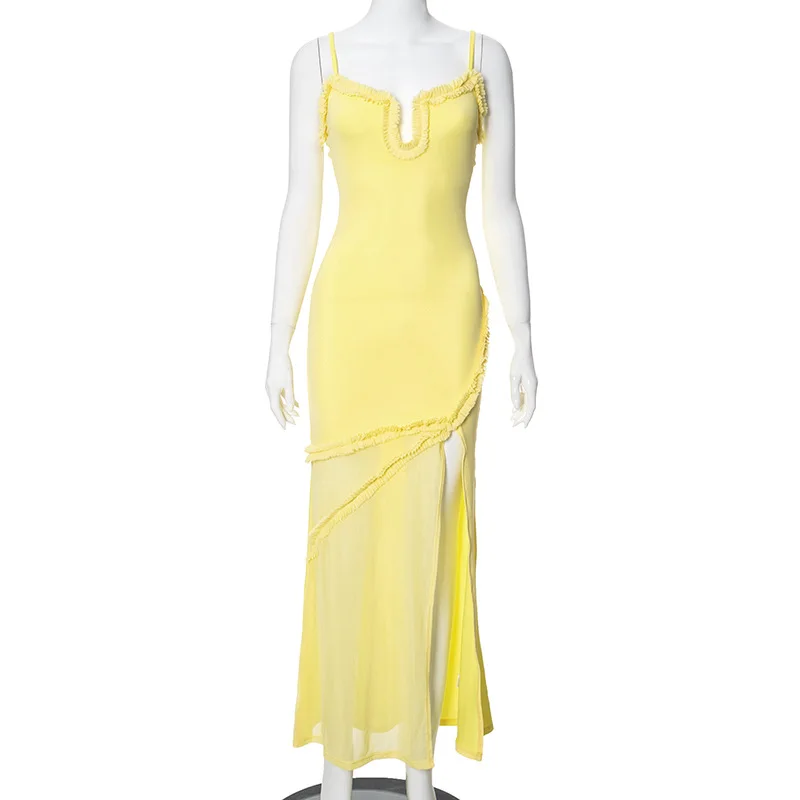 Yellow Vacation Strap Party Dress Sexy Perspective V-neck Mesh Prom Gown Pleated Elastic Split Off Shoulder Evening Robes