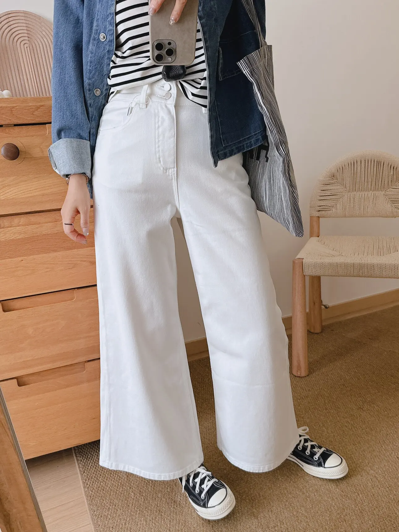 

High Waist Pure Color Four-Way Stretch Loose Wide Leg Micro Flared Denim Pants Spring Women's Jeans Straight Cut Button Closure