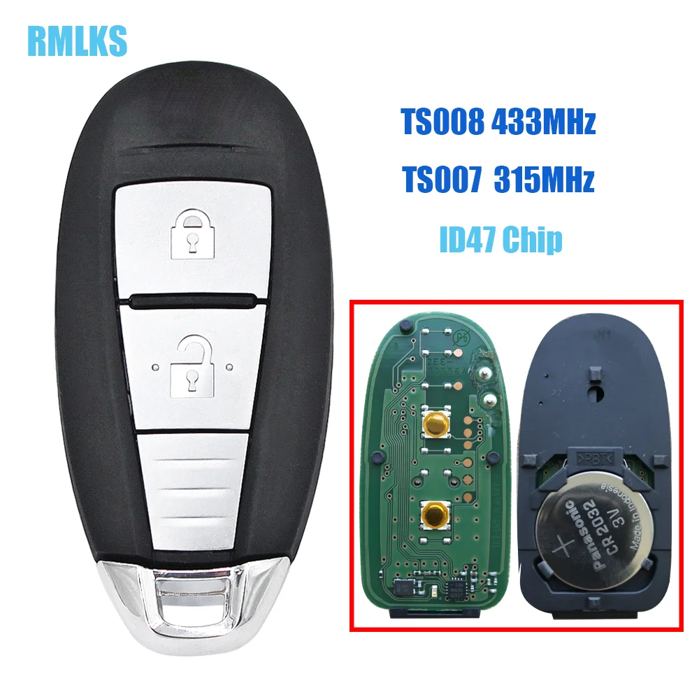 For Suzuki SX4 5-CROSS VITARA SWIFT 2 Buttons Smart Keyless Remote Key Fob 315/433MHz ID47 Chip Uncut Insert Blade TS008 TS007