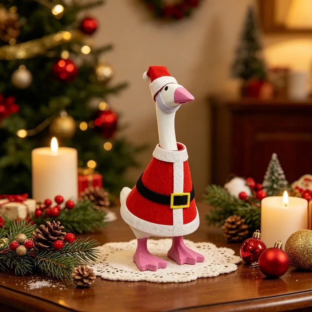Soft Fabric Goose Statue Christmas Tree Shaped 7-Inch Pet Clothes Red And White Striped Scarf With Hat Holiday Decoration Yard