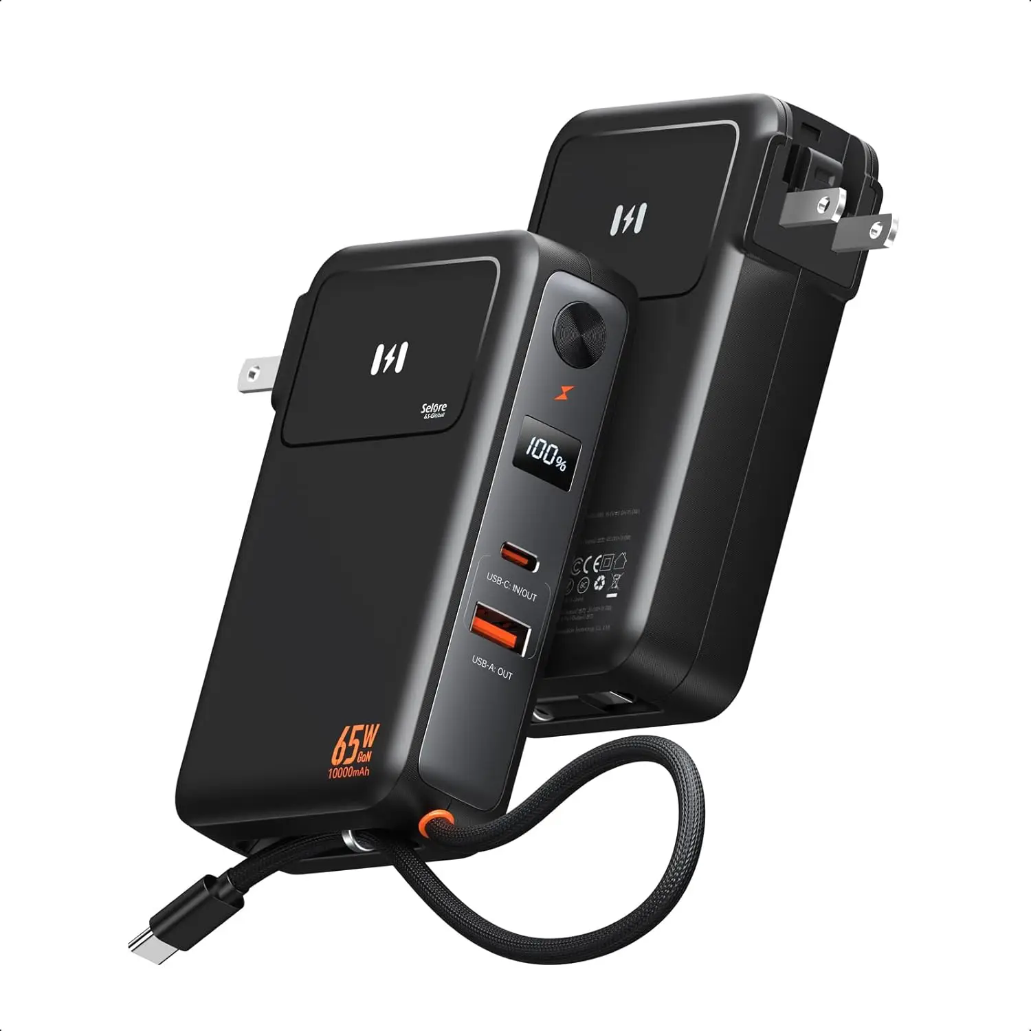 3-in-1 Portable Charger with 10000mAh Battery, USB-C Power Bank & 35W Output for Phones, 65W Wall Plug for Laptops