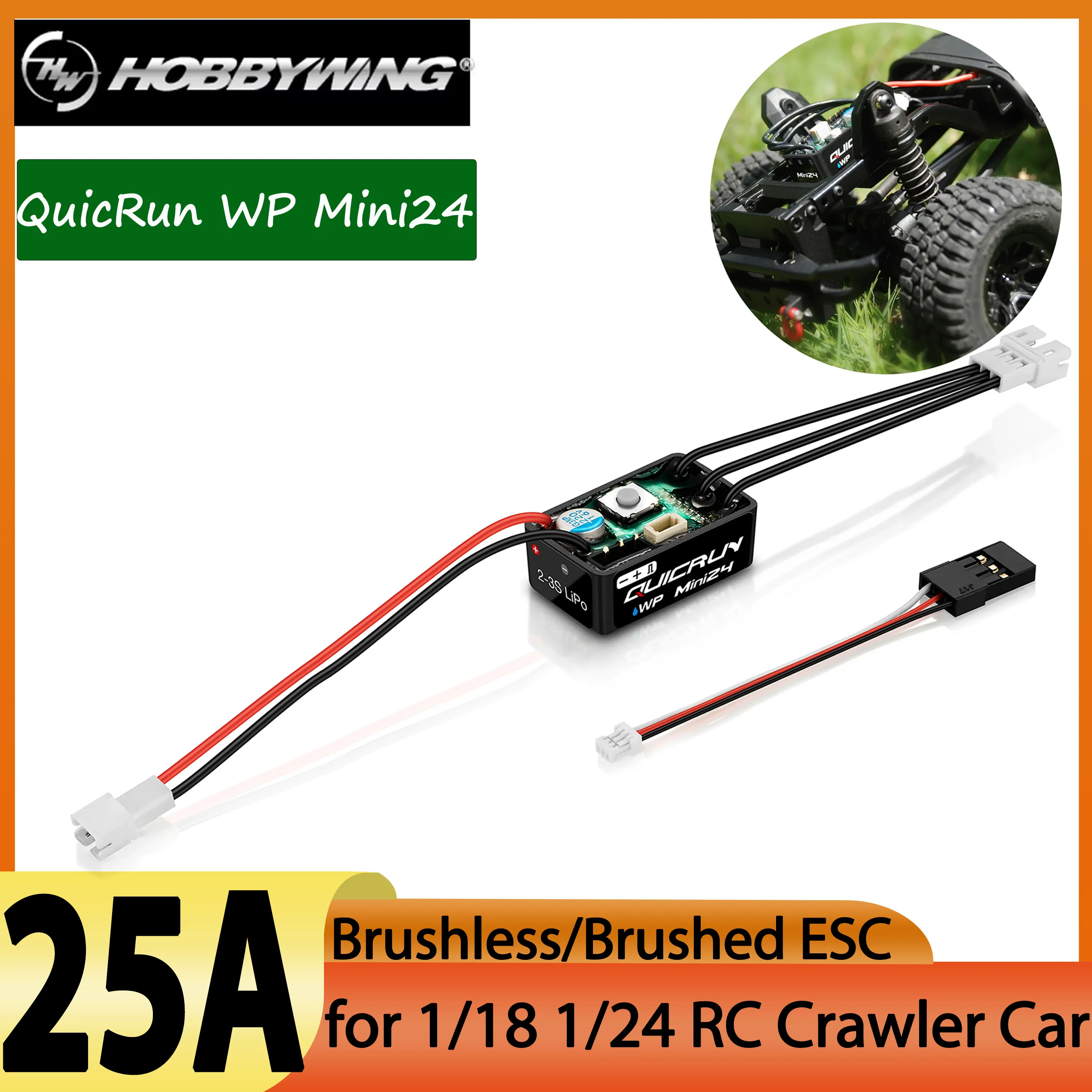 

Hobbywing QuicRun WP Mini24 25A Waterproof Brushed Brushless Mode Switchable ESC for 1/24 1/18 RC Crawler Car Model 1621 Motor