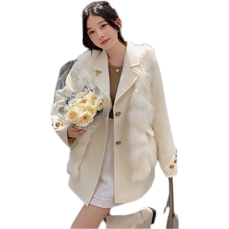 2023 Woolen fur, Wool Coat Women Luxury Natural Fox Fur Vest and Cashmere Wool Blends Jacket Female Winter Warm Two Pieces Set N