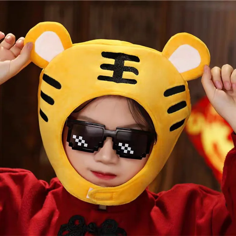 Chinese Zodiac Tiger Toy Hat Cap, Cartoon Animal Head Mascot Hats, Creative Kids Plush Hood, Children Party Toys Favors