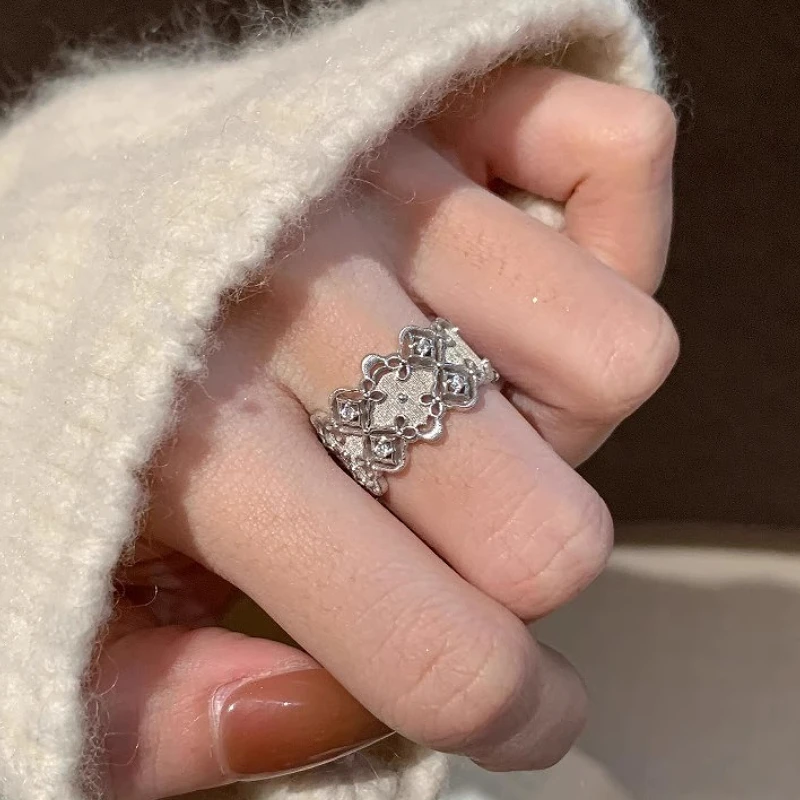 

925 Sterling Silver Chic Retro Hollow Lace Flower Zircon Adjustable Opening Ring for Women Fine Jewelry Minimalist Accessories