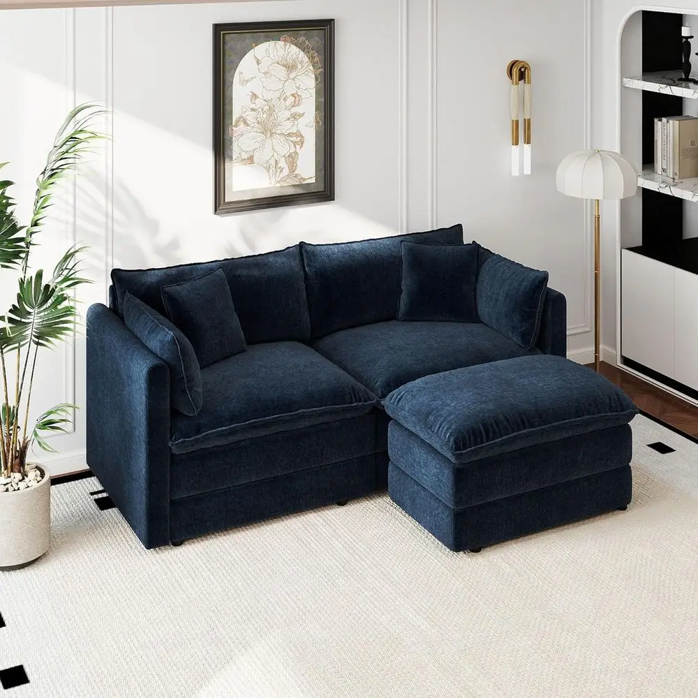 

77.16 Deep 2-Person Cloud Chenille Sofa with Ottoman, Blue Living Room Sectional Loveseat