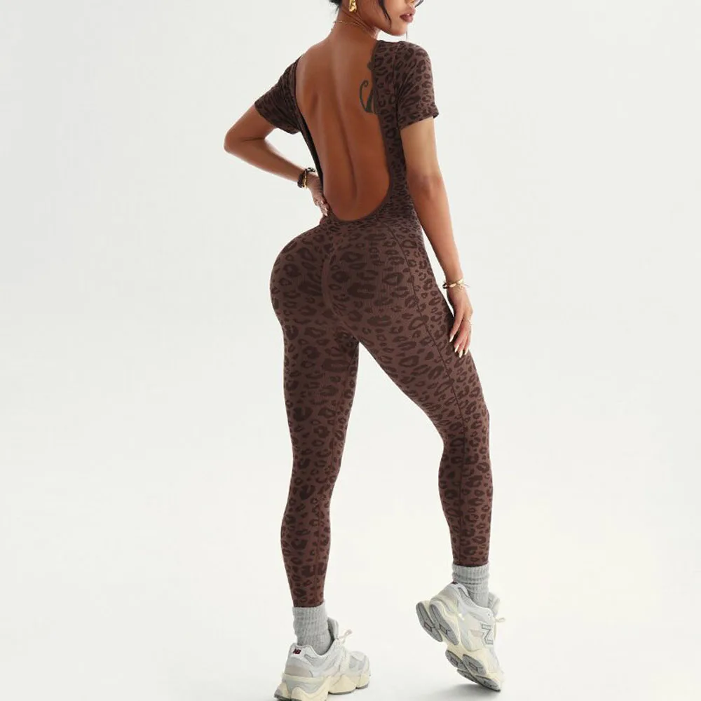 

Women Leopard Backless Jumpsuit Deep U Back Bodysuit Ribbed Fitness Yoga Onesie Stretch Workout Gym Sports Playsuit
