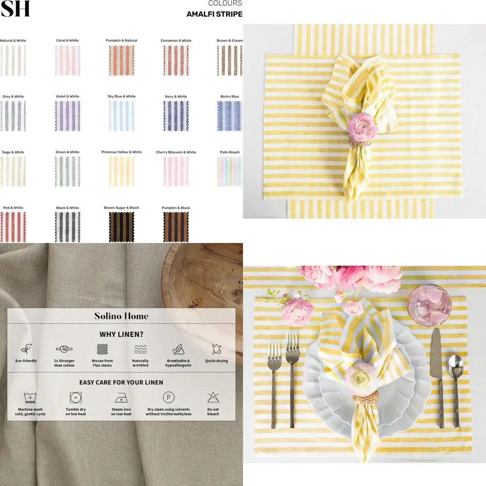 

Set of 4 Amalfi Stripe Linen Placemats in Primrose Yellow and White, 14x19 Inches, Pure Linen