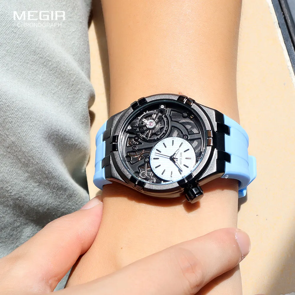 MEGIR Sport Watch Men Fashion Military Sport Waterproof Luminous Simple Analog Wristwatch with Blue Silicone Strap MN8111Blue