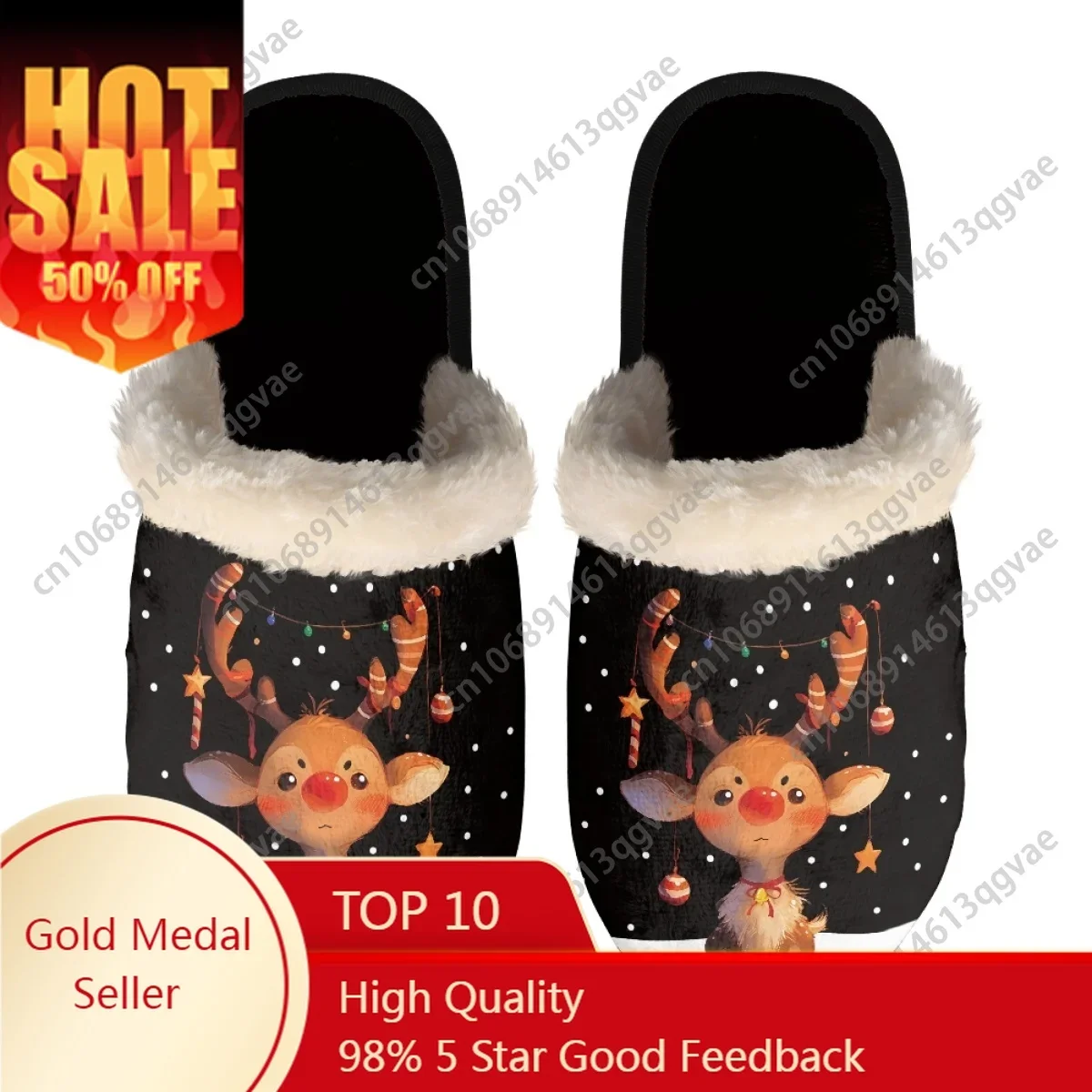 

Christmas Black Cat Wearing Santa Hat HoHo Slippers Mens Womens Home Cotton Plush Keep Warm Custom Thermal Lightweight Slipper