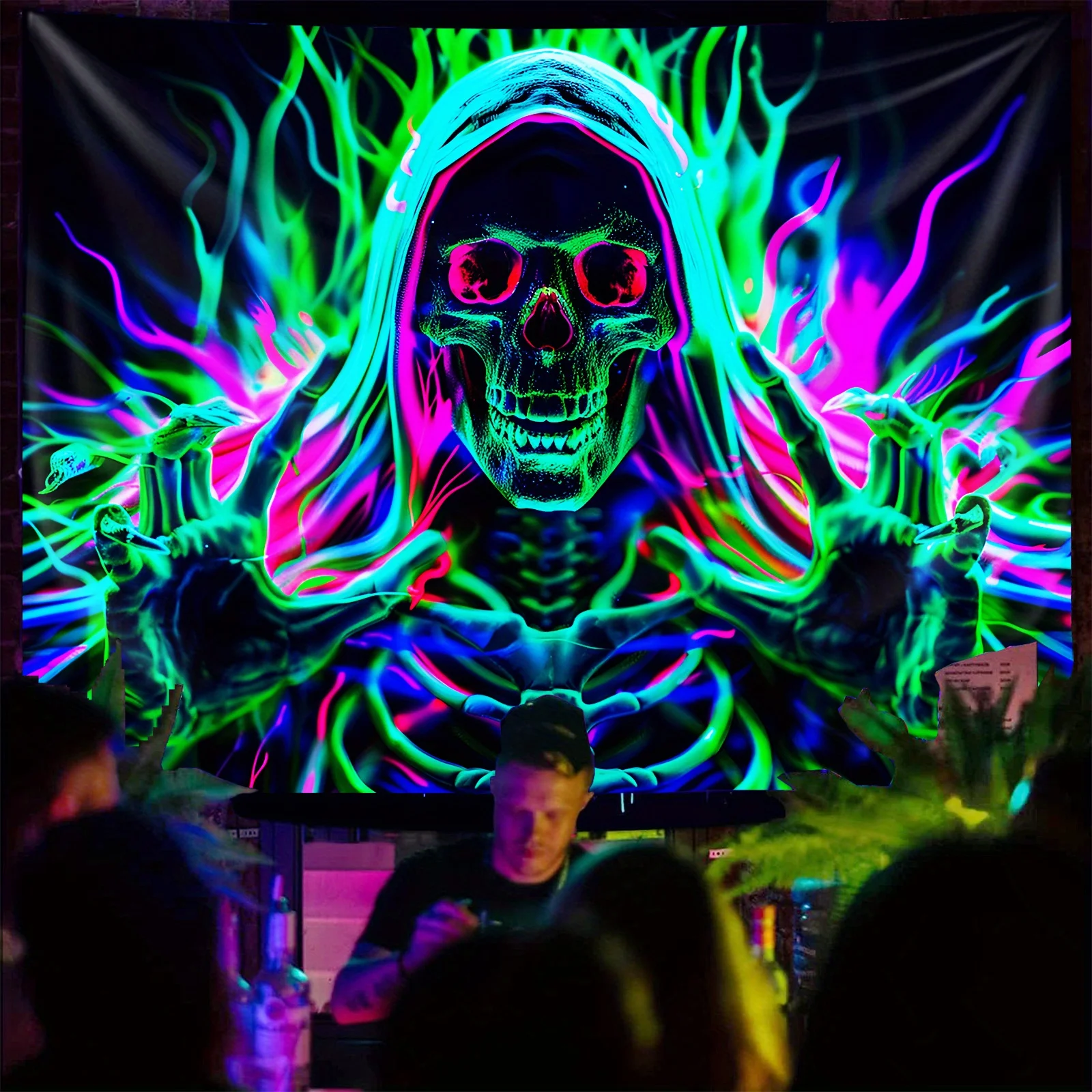 VIKAMA Halloween Dark Night Skelett-Wandteppich mit Neon-Blitzmuster für Electro Party, Gothic-Schlafzimmerdekoration