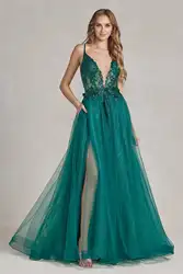 Tulle Spaghetti Straps Long Homecoming Dresses Dark Green V-neck Backless Evening Gowns Appliques Sequins Teen's Party Dress