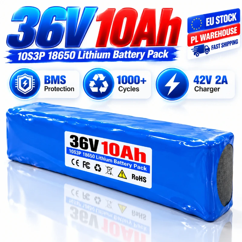 Image of 36V 10Ah Lithium-Ionen-Akku 10S3P 18650 Wiederaufladbarer Akku mit BMS für E-Bike Elektroroller, kompatibel mit 250W 500W 750W 1000W Motor, 42V 2A Ladegerät, EU-Lager, schneller Versand aus polnischem
