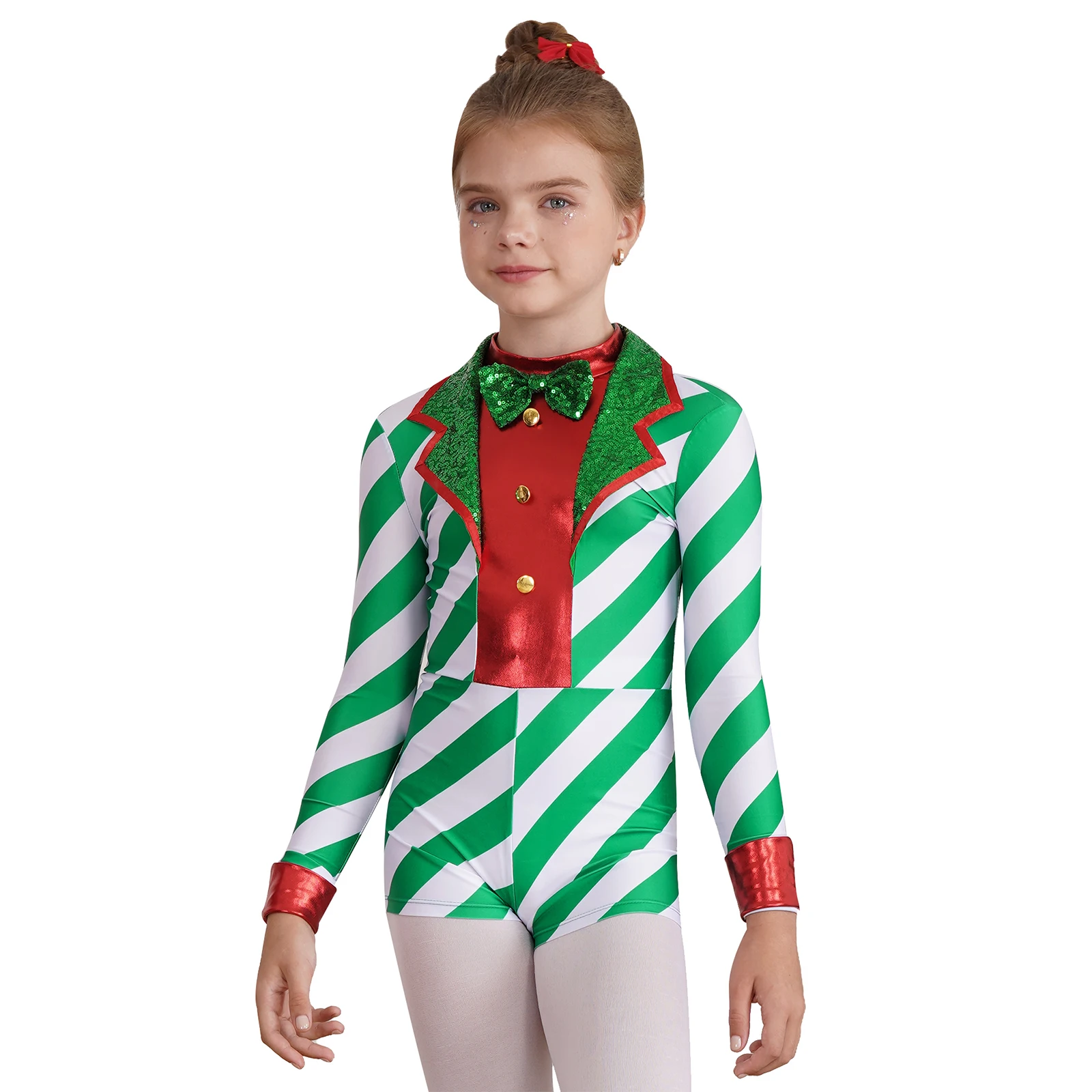 Kids Girl Candy Cane Christmas Shorty Unitard Jumpsuit Costume Long Sleeve Skating Suit Sequin Elf Rhythmic Gymnastics Body Suit