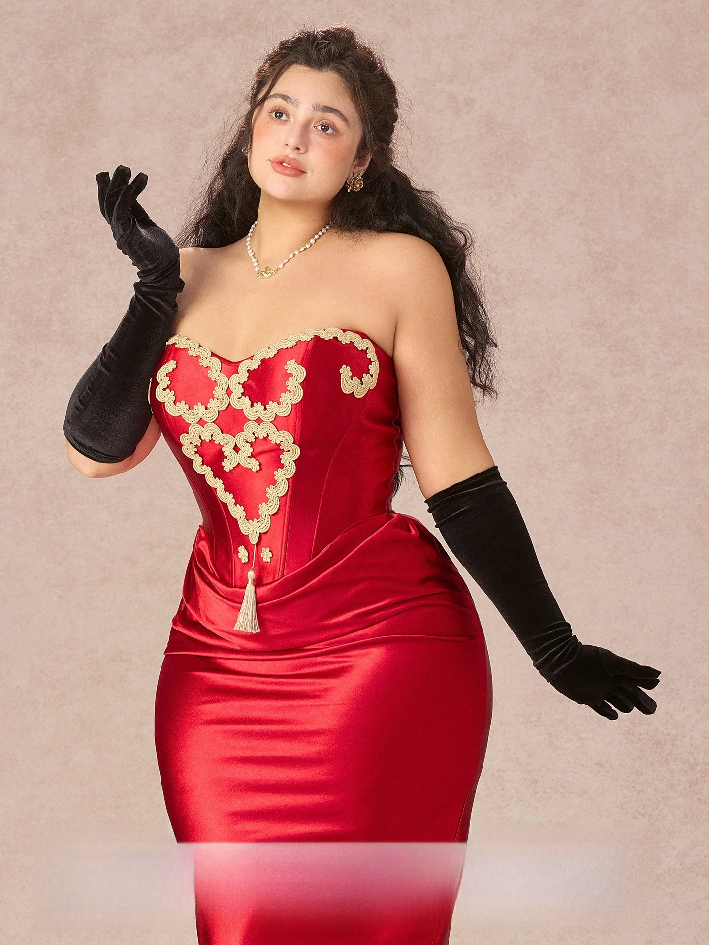 

Red Lace Heart Queen Vintage Fishbone Strapless Dress Women's plus Size Drinking Ceremony Dress mid Waist Embroidered Skirt
