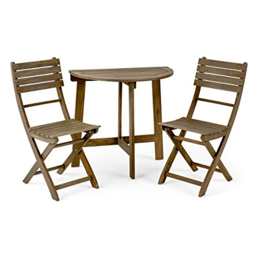 Juego de bistró plegable semicircular de madera de acacia de 2 plazas para exteriores con acabado gris para patio, jardín o terraza, dimensiones compactas 15,75 W