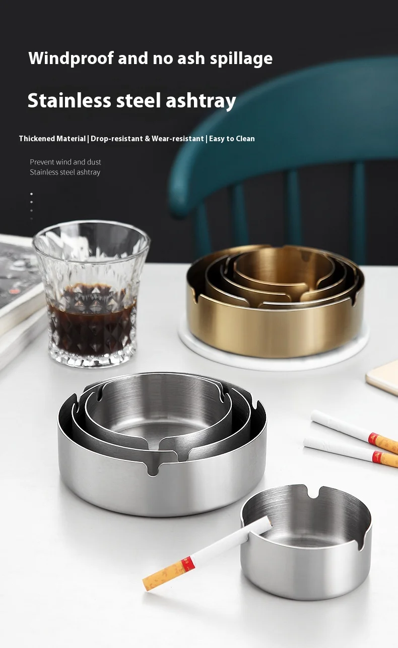 

Thick Durable Stainless Steel Gold Ashtray Windproof Dust-proof Anti Drop Wear-resistant Easy To Clean Home Bars Internet Cafes