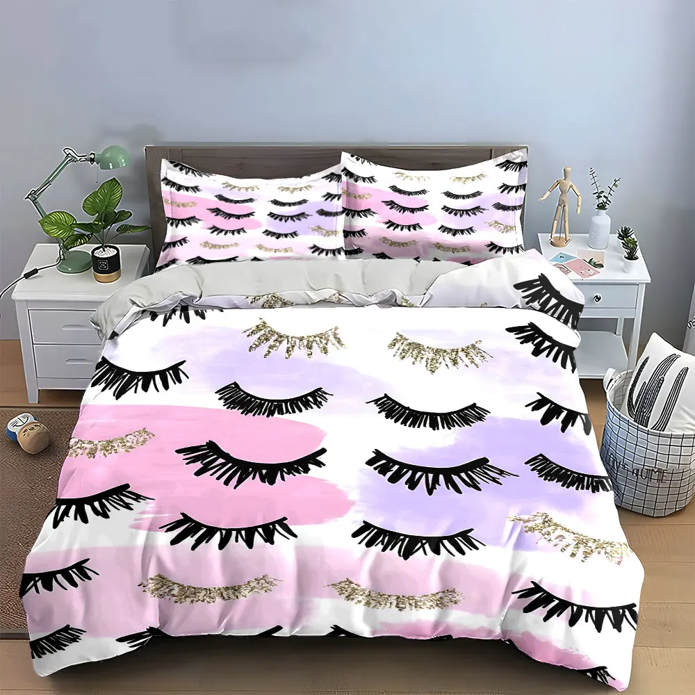 Pastel Watercolor Eyelash Glitter Duvet Cover Set,Pink Purple Girly Makeup Bedding Includes 1 Duvet Cover And 2 Pillowcase,Gift