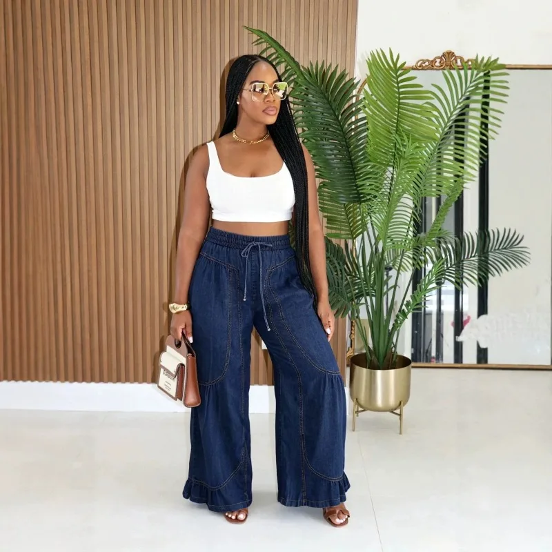 Casual Denim Wide Leg Pants Women Fashion Lace Up Elastic High Waist Loose Casual Jeans Streetwear Trousers All Matching Bottoms