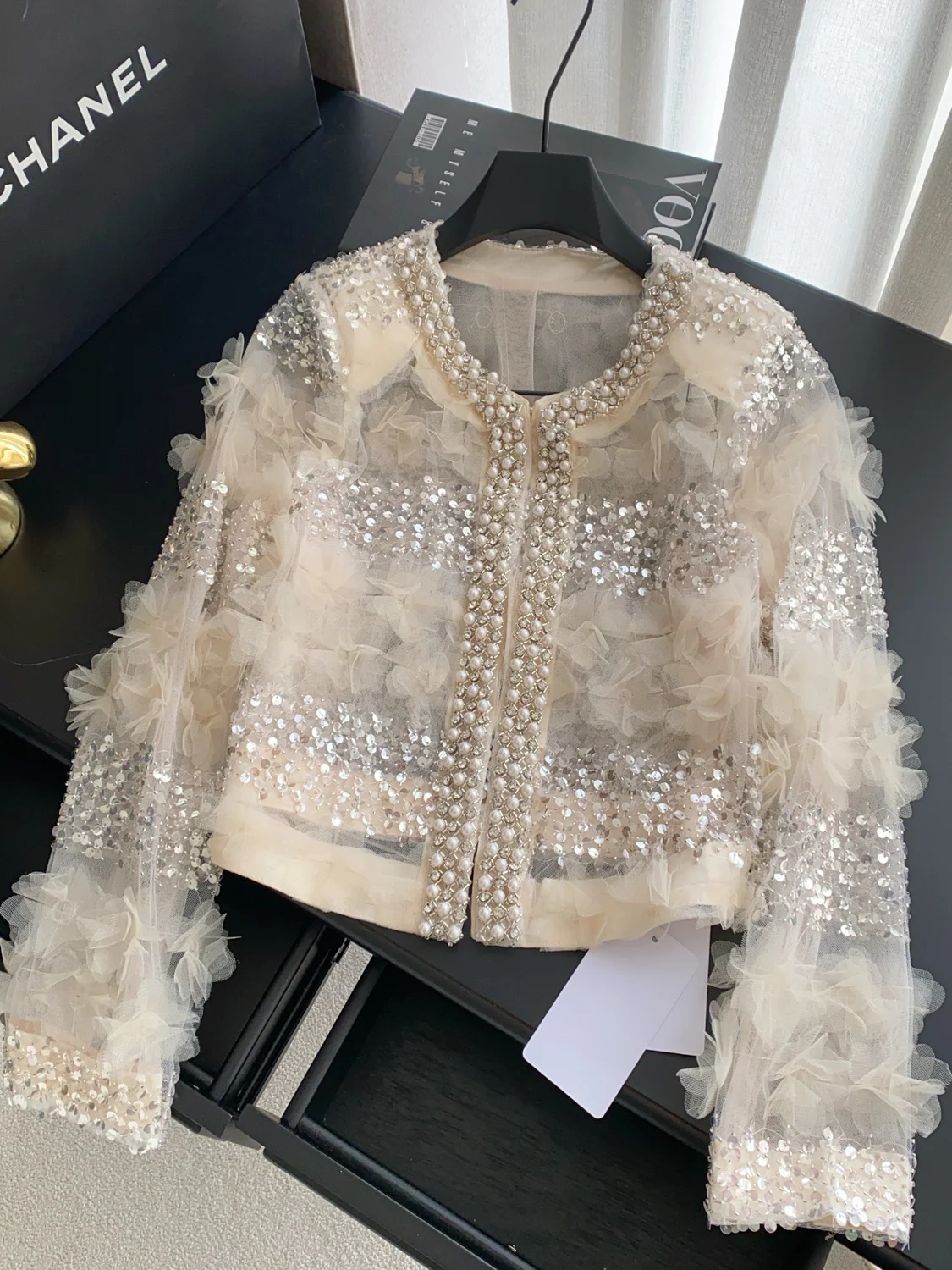 Fashionable Short Women's Jacket with Embellished Diamond 3D Flower Design Luxury Shiny Sequin Commute Style Korean Loose Fit