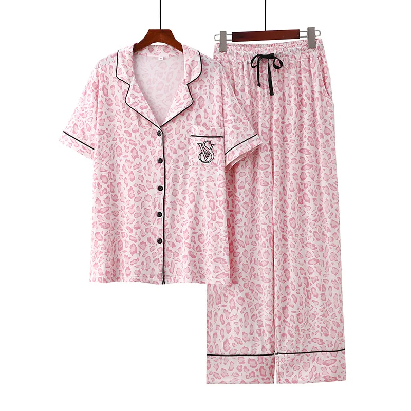 صيف جديد إمرأة لينة مشروط منامة 2 قطع قصيرة الأكمام فستان أطفال مع سروال داخلي مثير السيدات ليوبارد الطباعة ملابس خاصة فضفاضة المنزل منامة