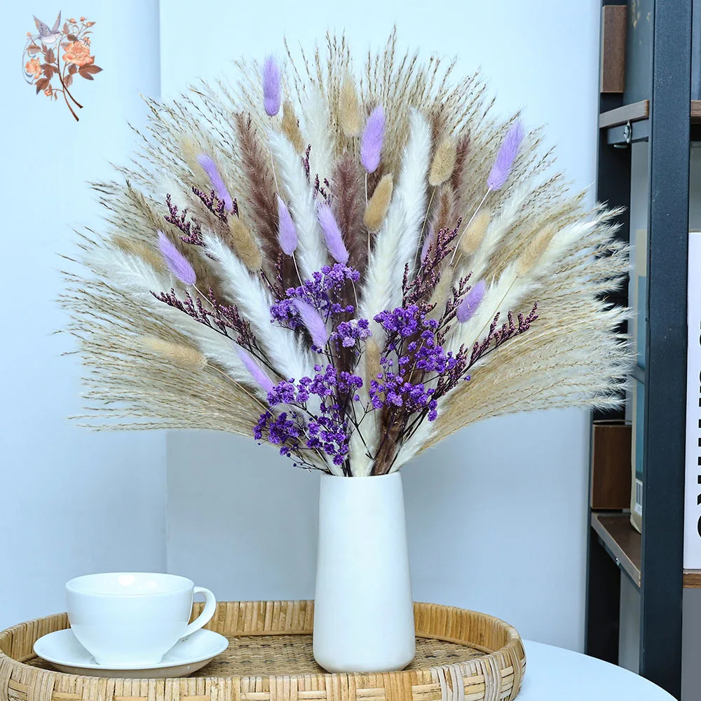 

70 Stems Dried Purple Baby's Breath Bunny Tails Grass Flowers Bouquet Decorative Bedroom Living Vase Filler Pampas Home Decor