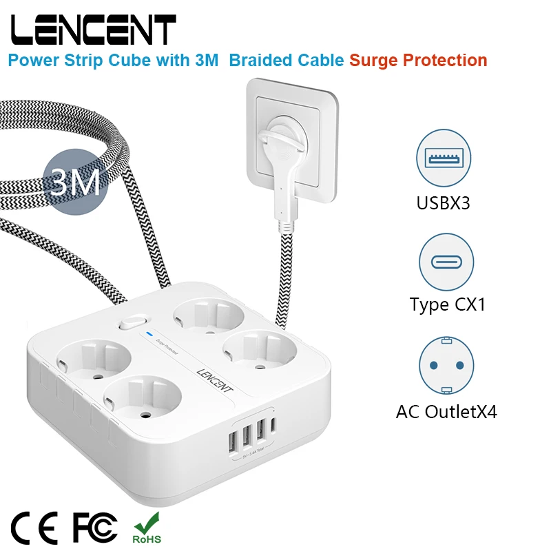 LENCENT EU kolíček energie svléknout se  s 4 střídavého + 3 USB + 1 typ C 3M opletené kabel 700J nápor ochrana nástrčkový s spínač pro domácí