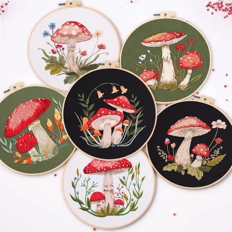 

Mushroom Embroidery Kit DIY Needlework Free Happy Needlecraft for Beginner Cross Stitch Artcraft Tools Punch Needle Hoop Ring