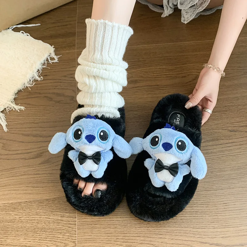 

Disney Lilo & Stitch Plush Slippers Winter Cartoon Warm Non-slip Cotton Slippers for Children Anime Indoor Warm Couple Shoes