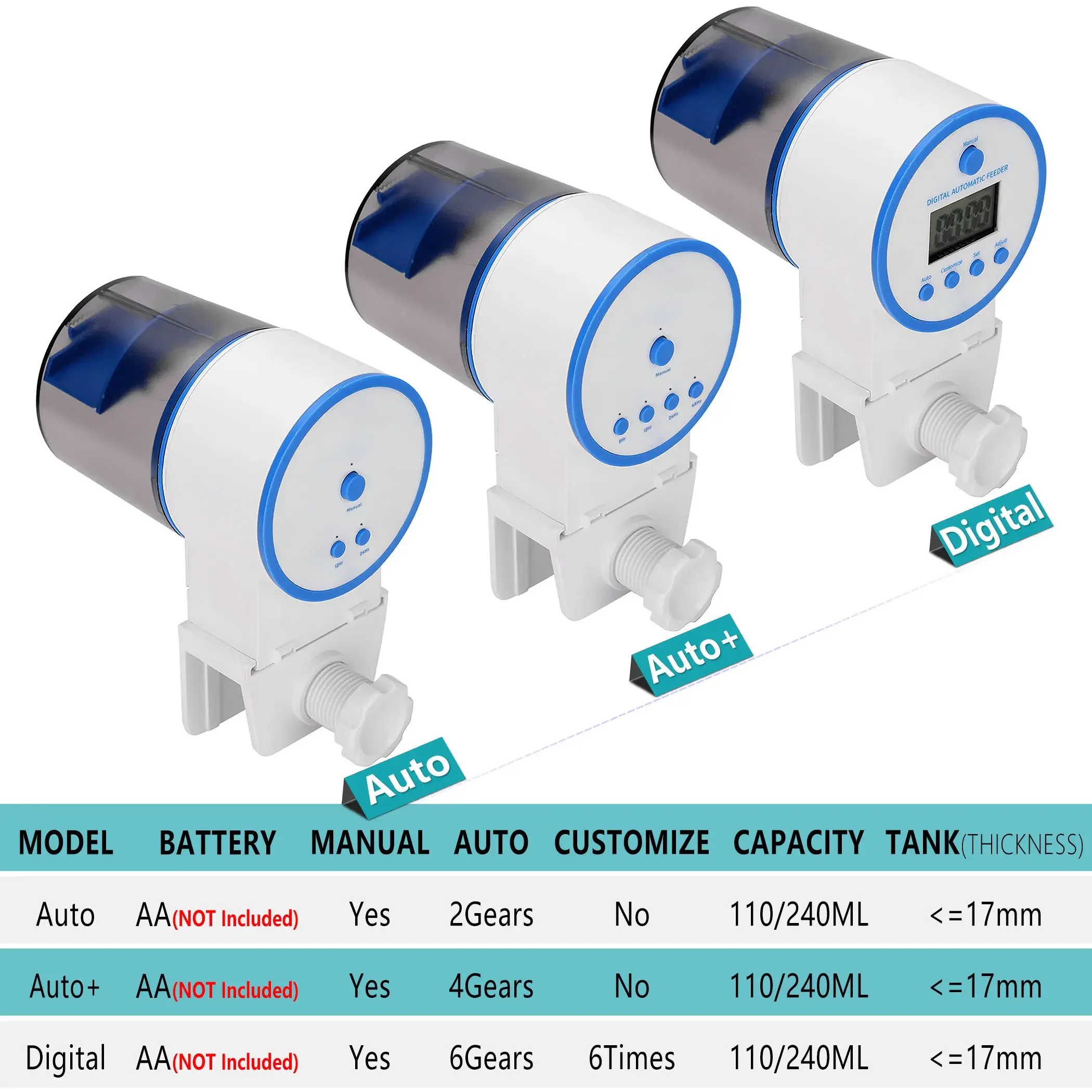 Aquarium Fish Tank Auto Fish Food Dispenser (2AA Battery Not Include), Automatic Feeder with 110ml & 240ml Capacity Food Bucket