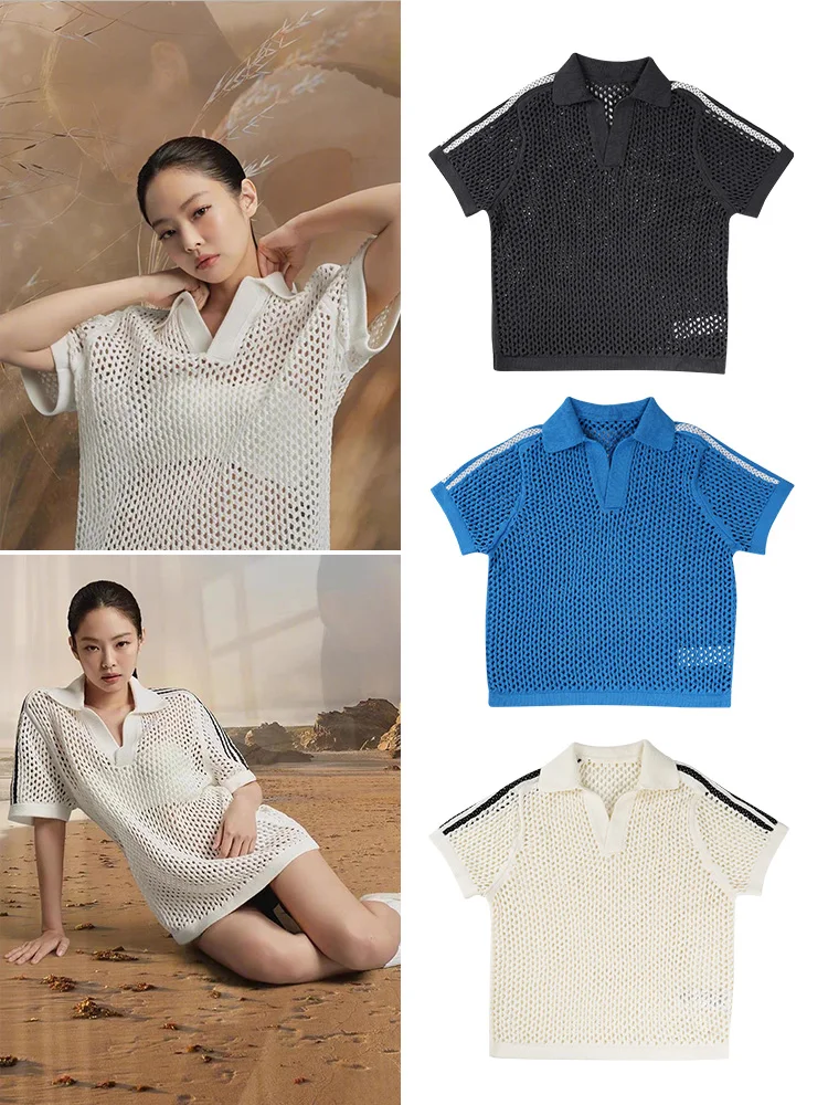 

Korean Style Hollow out Mesh Short Sleeve T-Shirt Women's Casual Versatile Top Breathable Sweat Absorbent Summer Knitted Cotton