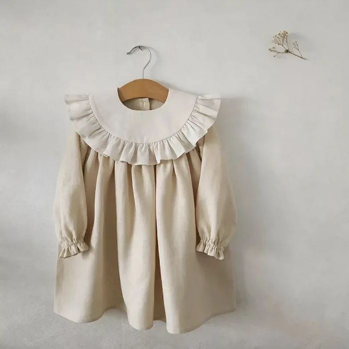 2025 Hot Spring Autumn Girls Cotton  Linen Lotus Leaf Collar Cardigan Palace Style Princess JK Children's Dress with Ins Style