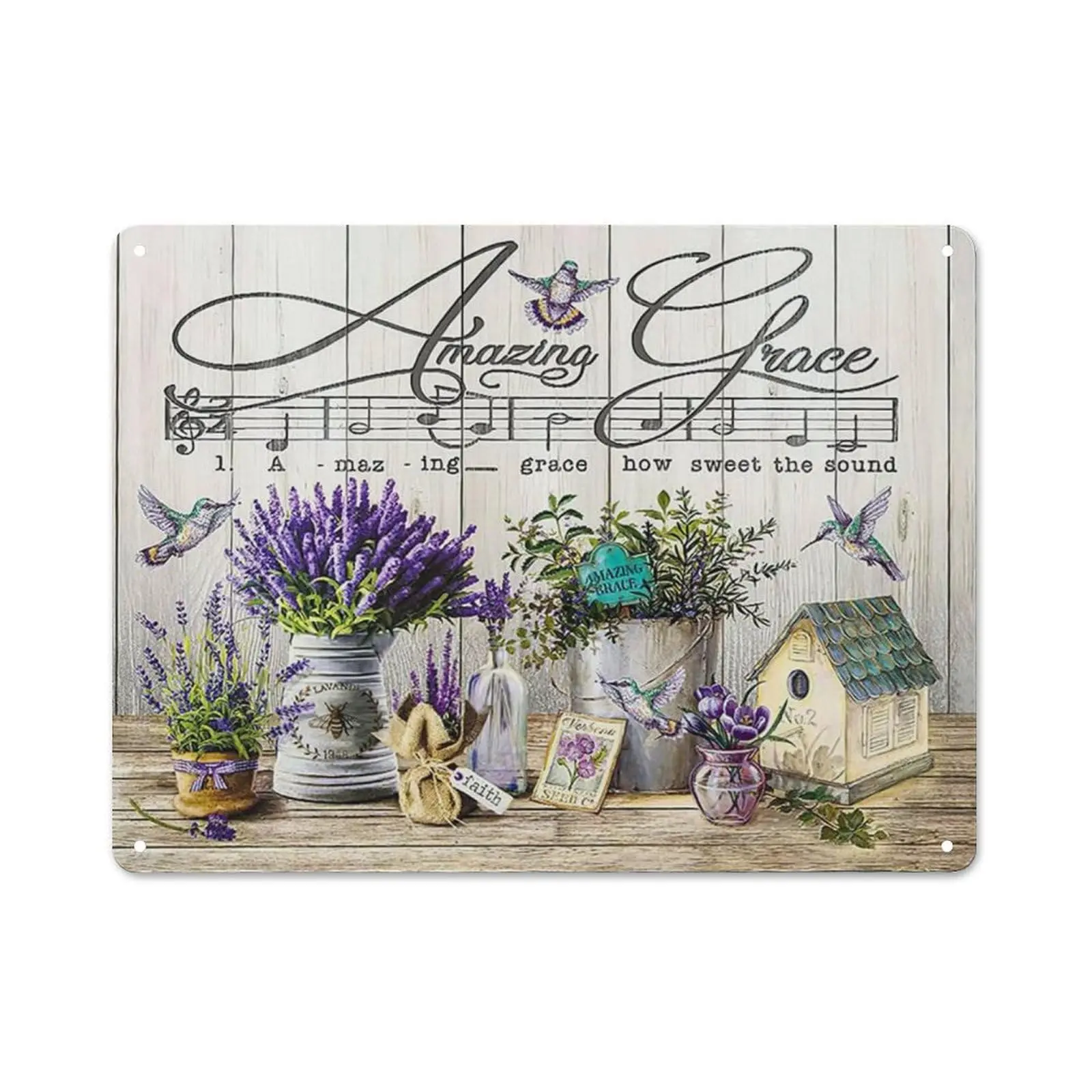 Rustic Retro Metal Tin Sign Purple Lavender Bathroom Decor Wall Art Lavender Flowers Hummingbird Picture Wall Decor Faith Wall A