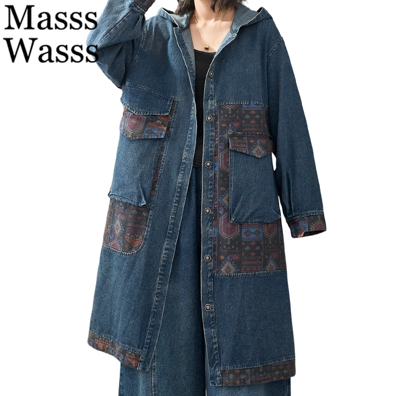 Masss Wasss 2026 Autumn Long Coats Womens Fashion Loose Printed Hooded Denim Trench Ladies Vintage Casual Patchwork Windbreakers
