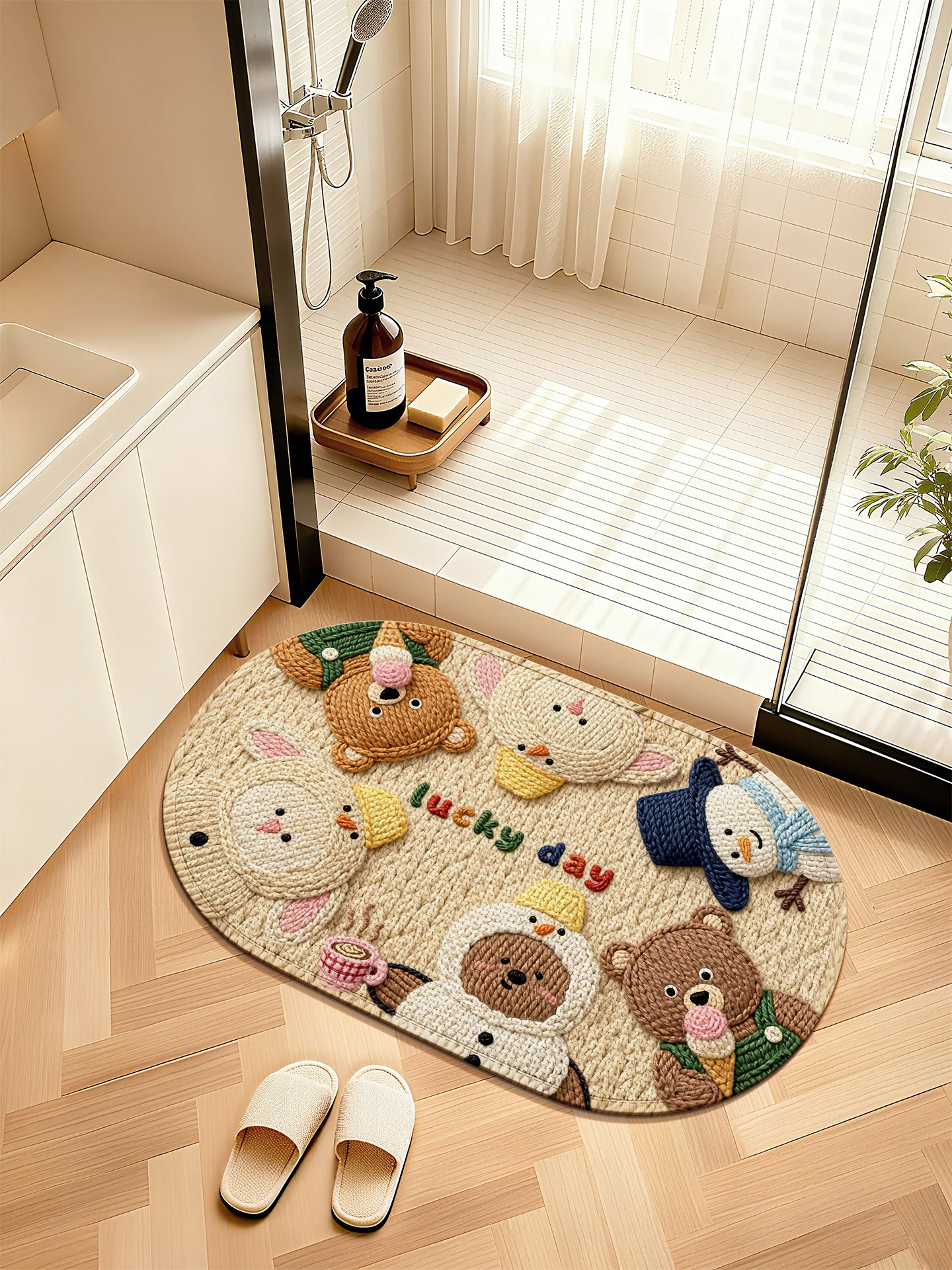 

Милый мультяшный коврик для ванной из льняного материала, впитывающий, быстросохнущий, противоскользящий, для двери, туалета, декоративный, овальный, для пола