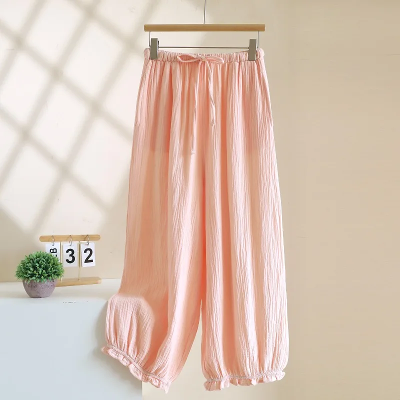 

2026 New Spring and Autumn Women's Sleeper Pants 100% Cotton Crepe Lantern Pants Loose Straight Tube Home Long Pants Lady