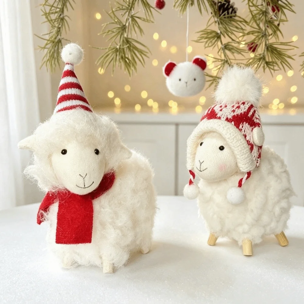 Soft Creative Sheep Doll Scarf Hat Curly Fur Little Lamb Hanging Pendant Plush Cute New Year Xmas Decoration Festive Gift
