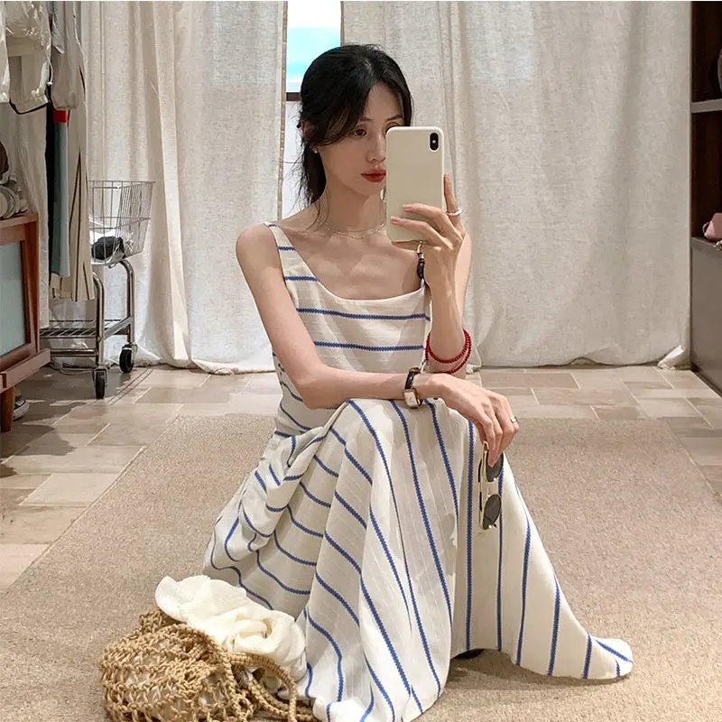 

Korean Blue Stripe Dress 2025 Summer Women Sleeveless Bodycon Midi Dress Minimalist Aesthetic Slip Dress OfficeCasualBeachOutfit