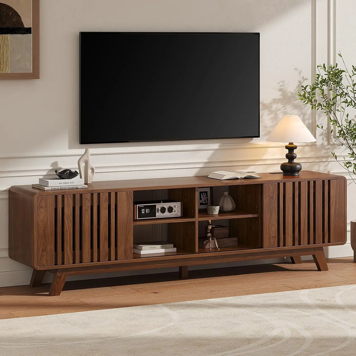 70" TV Stand for TV Up to 85", Mid-Century Modern Television Stand | Entertainment Center with Power Outlet, Console Table with