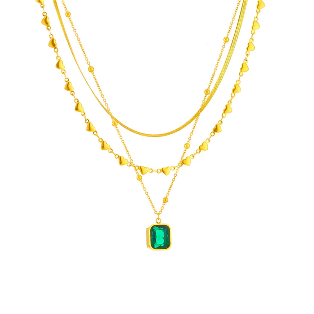 

Punk Green Square Charm Pendant Female Gold Color Stainless Steel 3 Layer Heart/Snake/Link Chain Necklaces for Woman Jewelry