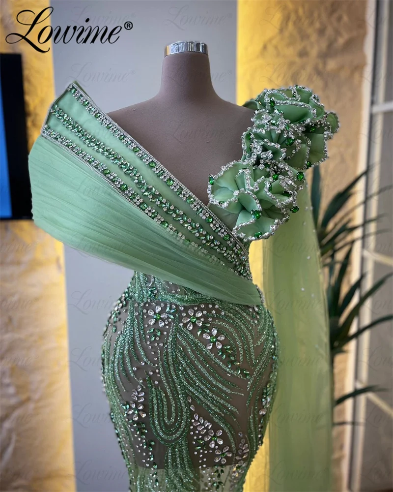 Green Crystals Evening Dress 2024 Haute Couture Mermaid Gorgerous Prom Dresses For Wedding Annversary Aso Ebi Engagement Gowns