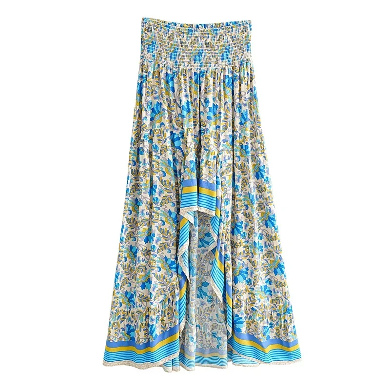 Happie Queens Women Ethnic Floral Print Bohemian Skirt High Elastic Waist Irregular Maxi Beach Boho Skirts Femme