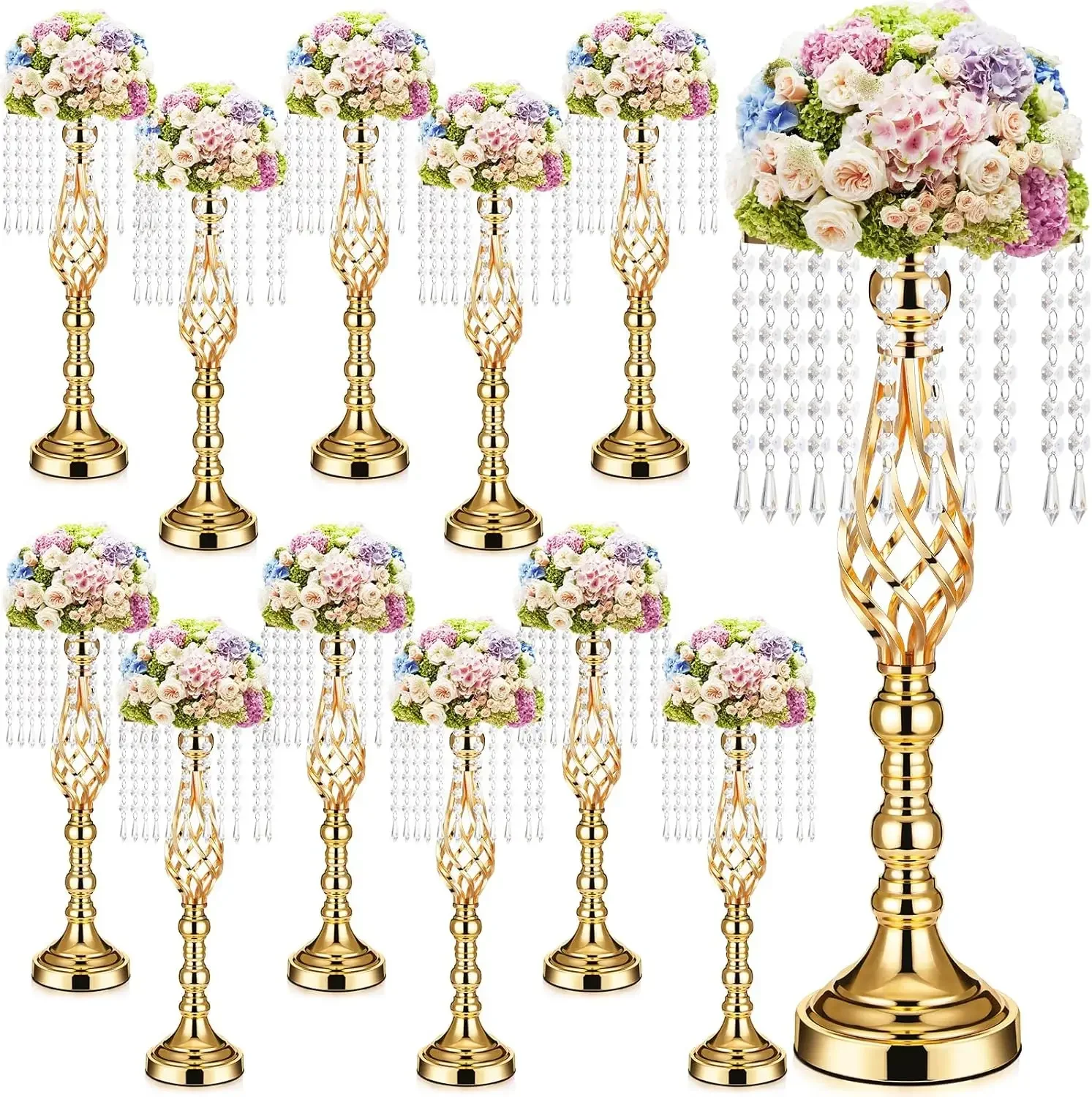 10pcs)52cm to 100cm)Gold Wedding Centerpieces for Table Gold Crystal Flower Stand Tall Flower Vase with Chandelier Metal Flower