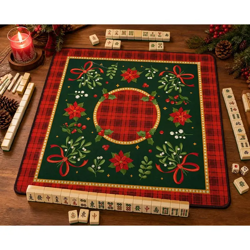 VIKAMA Vintage Xmas Mahjong Table Mat Anti-Slip Shock Absorbing Game Pad for Christmas Gathering Indoor Leisure Home Decor