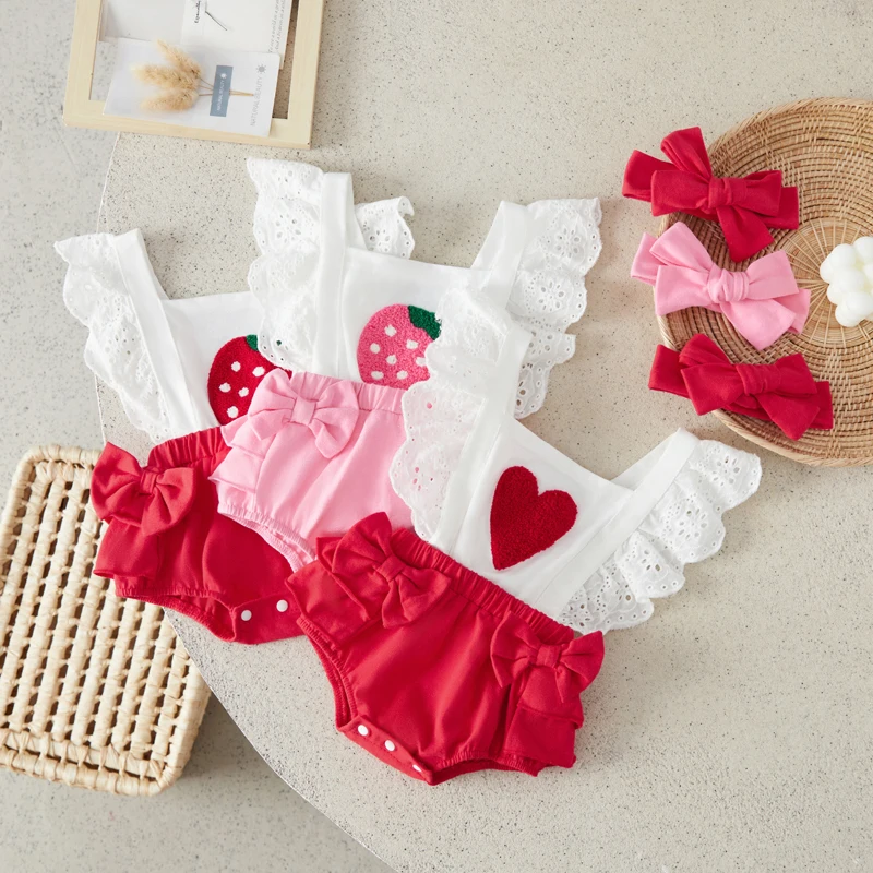 

Suefunskry Baby Girl Summer Outfits Ruffled Fly Sleeve Square Neck Fuzzy Strawberry Romper with Headband Infant Cute Bodysuit