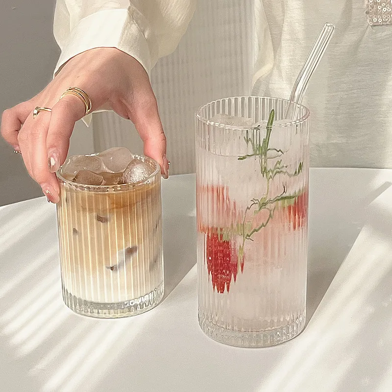 250ml/360ml Glass Vertical Striped Cup American Coffee Cup Latte Juice Cup Milk Tea Shop Household Water Cup Female Drinkware