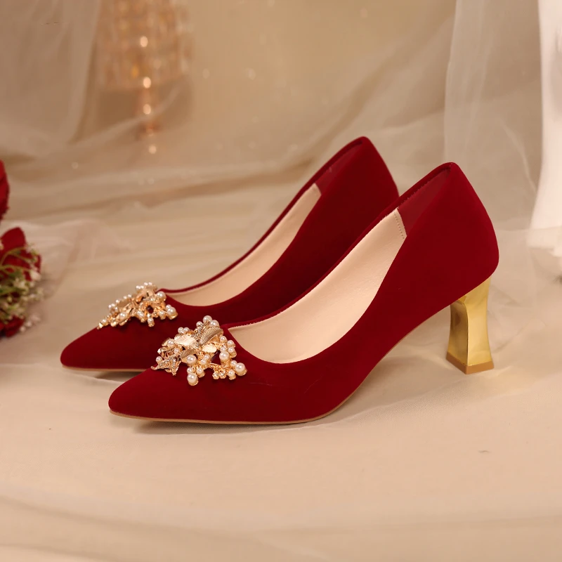 كعب مربع حذا فردي للسيدات 2025 الربيع والخريف جديد أشار تو الجلد المدبوغ زهرة الانزلاق على عدم الانزلاق أحذية الزفاف عالية الكعب #5