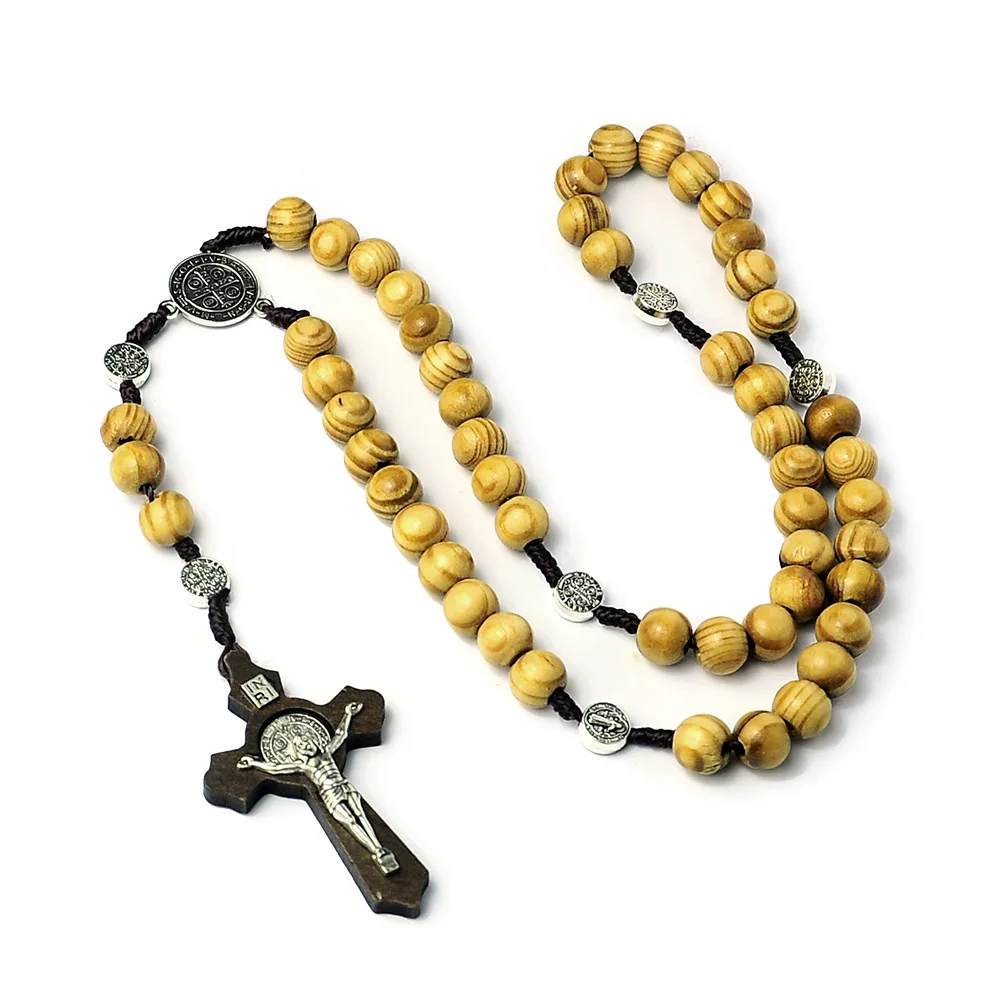 10MM Wood Beads Rosary Cross Necklace For Women Men Christian Virgin Mary INRI Pendant Chain Fashion Religion Jewelry