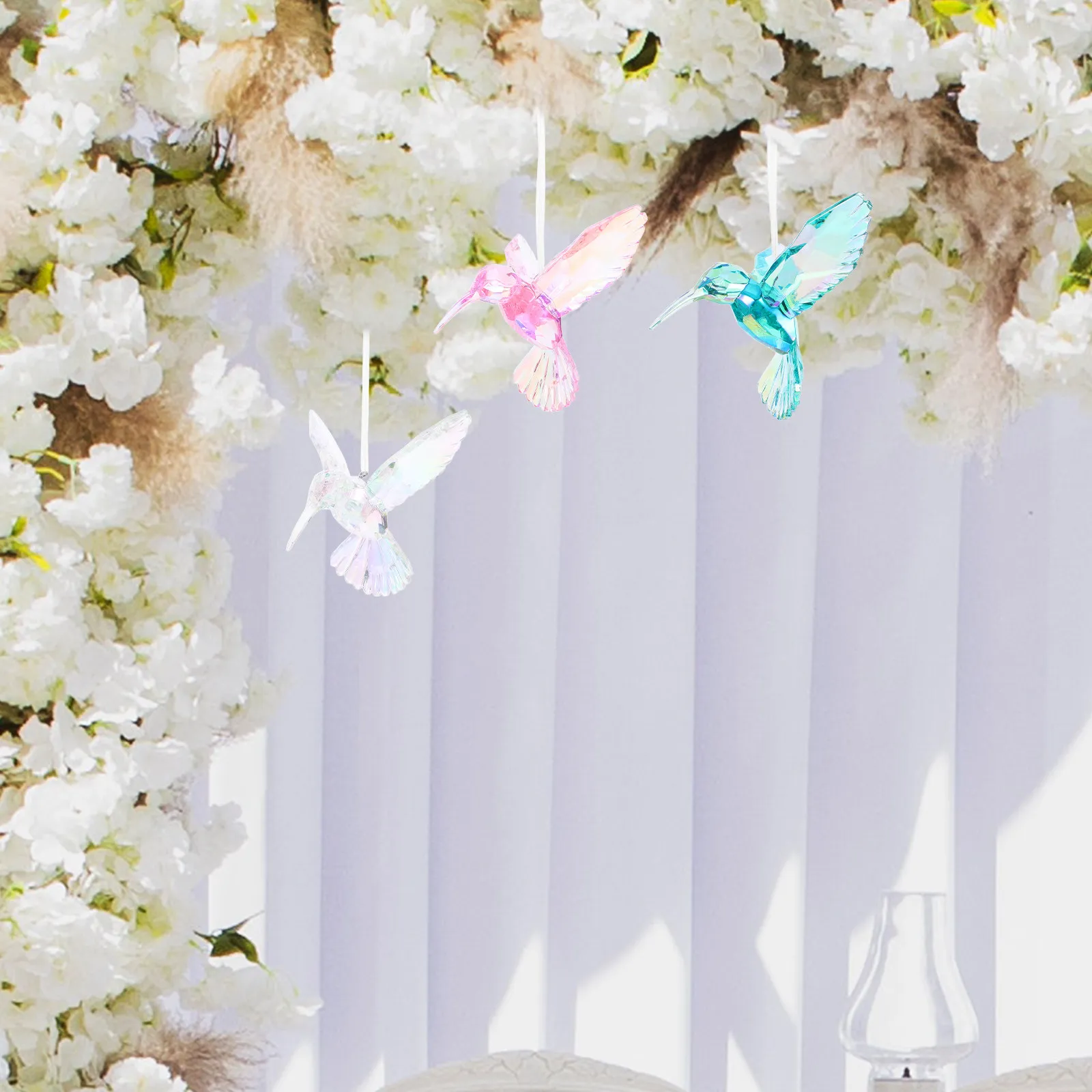 3Pcs Hummingbird Hanging Ornaments Shimmering Acrylic Flying Bird Decor Sparkling Crystal Effect Pendants Home Garden Indoor